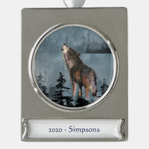 Individuelle Name Datum Watercolor Wolf Howling Wi Banner-Ornament Silber