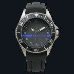 Individuelle Name der dünnen blauen Linie Streifen Armbanduhr<br><div class="desc">Sie sind Teil der Bruderschaft und Schwesternschaft zu dienen und zu schützen. Feiern Sie diese Ehre mit dieser anpassbaren Uhr, die Ihren Namen in blau entlang der durchgehenden, dünnen blauen Linie in der Mitte der Uhr platziert. Hinweis: Sie können die Schaltfläche Anpassen drücken und die blauen Linien verschieben, um mehr...</div>