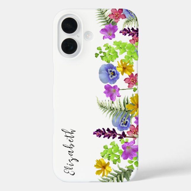 Individuelle Name der hübschen Wildblumen und Mono iPhone 16 Hülle (Rückseite)