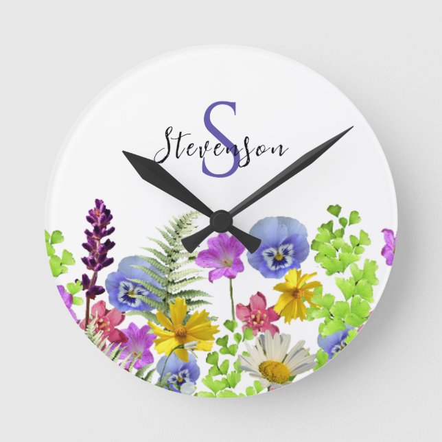 Individuelle Name der hübschen Wildblumen und Mono Runde Wanduhr (Vorderseite)