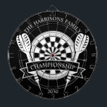 Individuelle Name der Schwarzweißfamilie Dartscheibe<br><div class="desc">Feiern Sie Familienspass mit dem Black and White Family Individuelle Name Dart Board. Dieses elegante Design verfügt über eine einfarbige Palette, die es zu einer zeitlosen Ergänzung Ihres Spielraumes oder Ihres Erholungsraumes macht. Personalisieren Sie es mit Ihrem Familiennamen, um eine Touch von Individualität und Charme hinzuzufügen. Ideal für lässiges Spielen...</div>