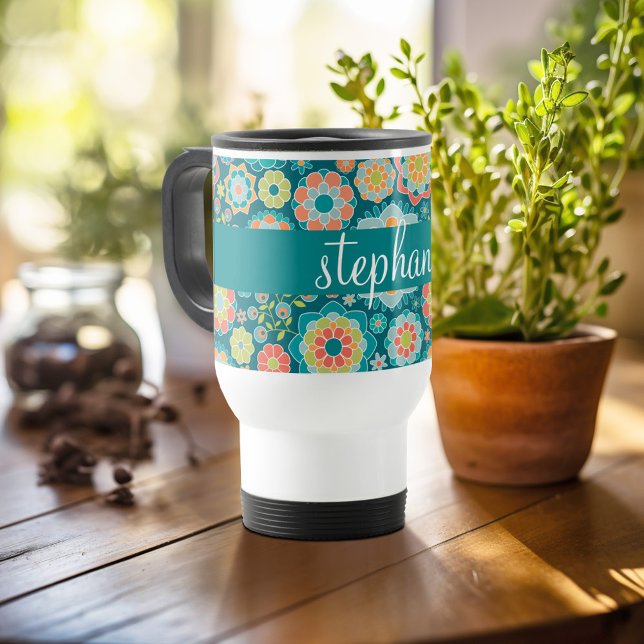 Individuelle Name der Sommerblumenmuster Reisebecher (Personalized travel mug - add photos and text or customize completely)