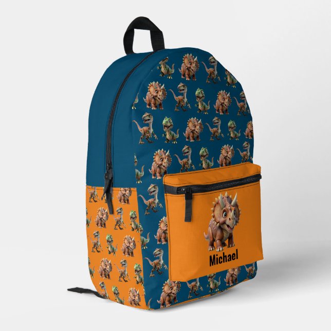 Individuelle Name Dinosaurier Boy's Blue & Orange  Bedruckter Rucksack (Rückseitige Ecke links)