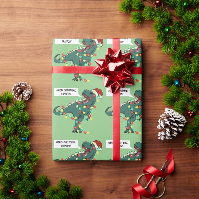 Individuelle Name Dinosaurier Frohe Weihnachtslich Geschenkpapier (Feiertagsgeschenk)
