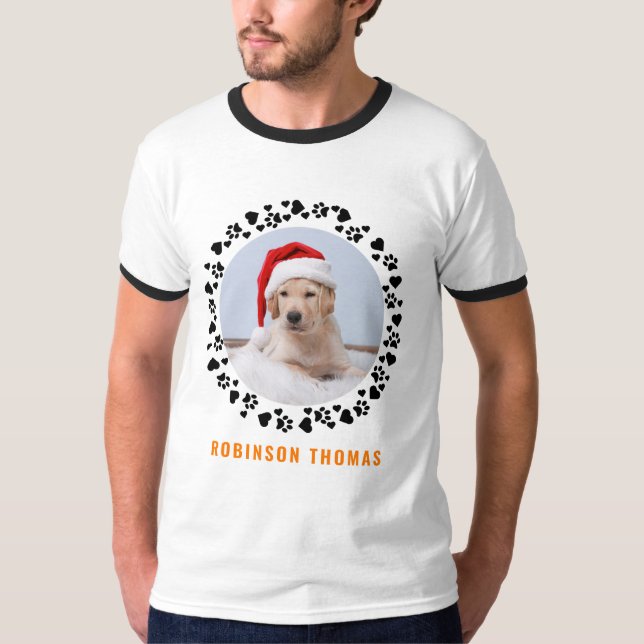 Individuelle Name Dog Paw Hearts Foto Weihnachten  T-Shirt (Vorderseite)