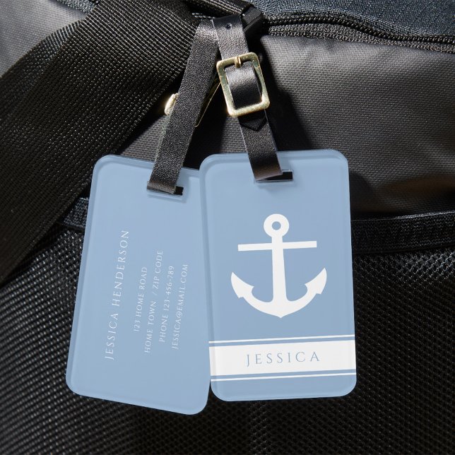Individuelle Name Dusty Blue Nautical Gepäckanhänger (Nautical Anchor Custom Name Blue Luggage Tag)