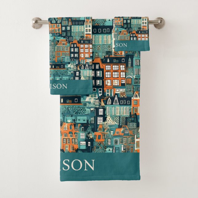 Individuelle Name Dutch Houses Pattern Badhandtuch Set (Insitu)