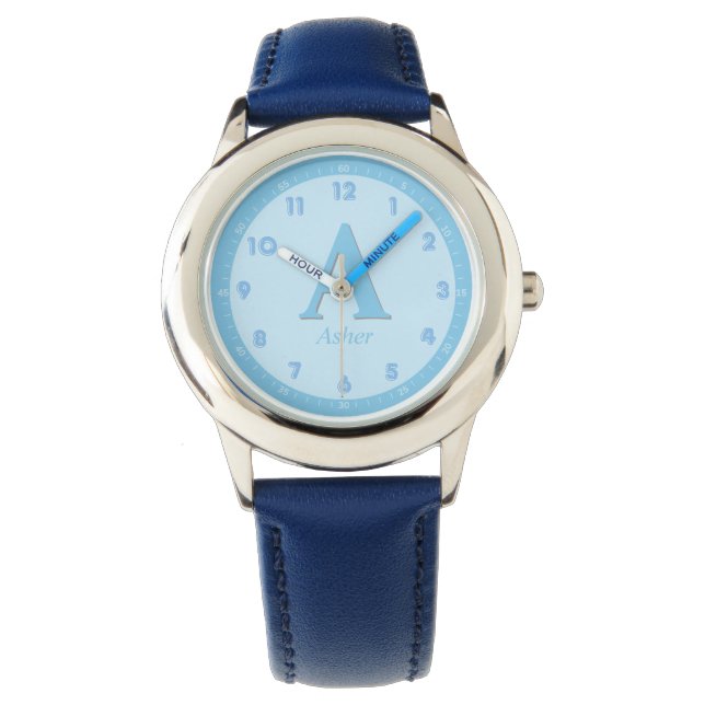 Individuelle Name Elegant Baby Blue Kids Monogram Armbanduhr (Vorderseite)