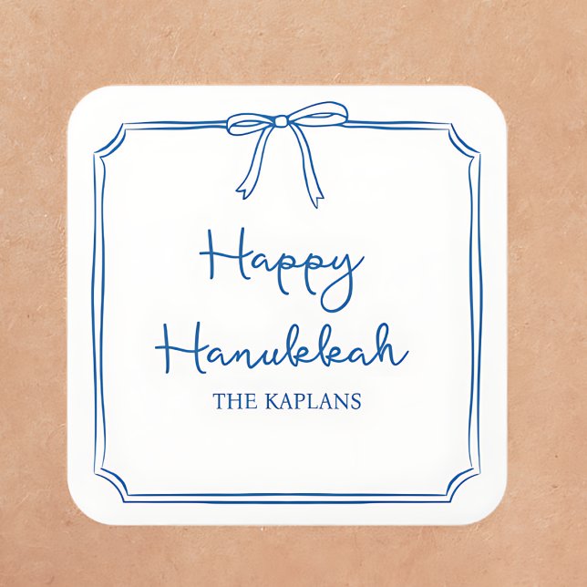 Individuelle Name Elegant Blue Bow Hanukkah GIft Quadratischer Aufkleber (Von Creator hochgeladen)
