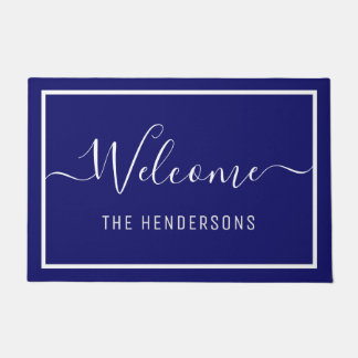 Individuelle Name Elegante Script Welcome Navy Blu Fußmatte