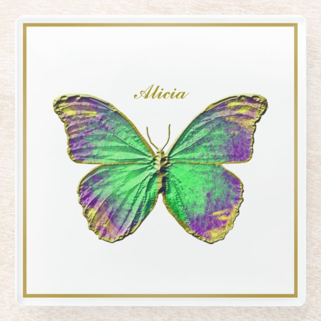 Individuelle Name Emerald Butterfly Glass Unterset Glasuntersetzer (Vorderseite)