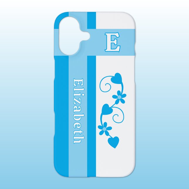 Individuelle Name erste Blume Herz blau iPhone 16 Plus Hülle (Von Creator hochgeladen)
