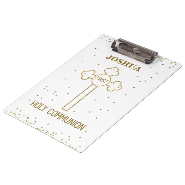 Individuelle Name Erste heilige Kommunion Gold Loo Klemmbrett (Schrägansicht)