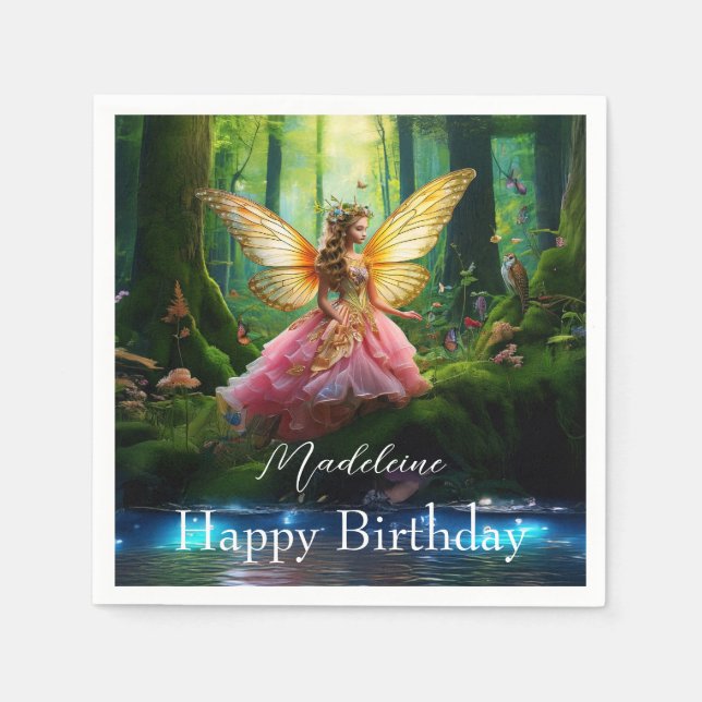 Individuelle Name Fairy Woodland Forest Happy Birt Serviette (Vorderseite)
