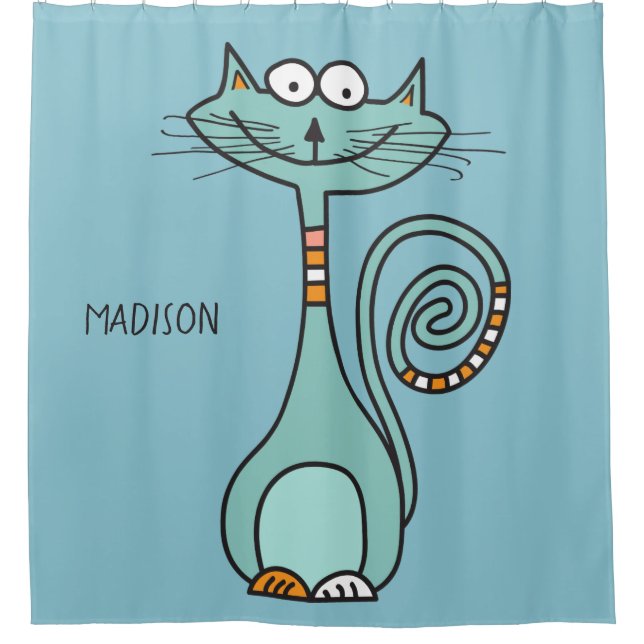 Individuelle Name & Farbe Funny Cat Duschvorhang (Vorderseite)