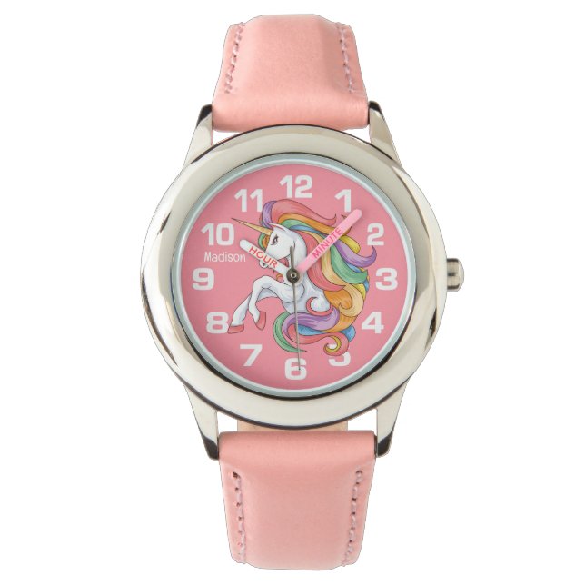 Individuelle Name Farbenfrohe Einhorn Armbanduhr (Vorderseite)