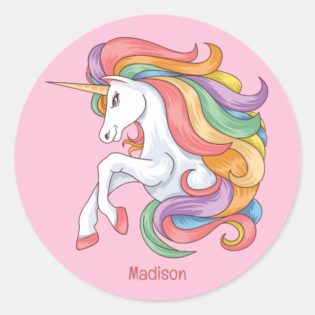 Individuelle Name Farbenfrohe Einhorn Runder Aufkleber (Vorderseite)