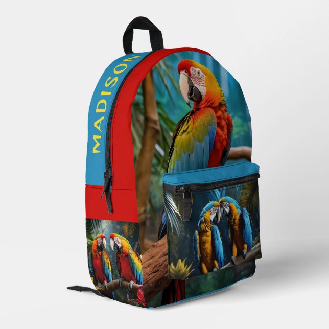 Individuelle Name Farbiger PapageiS Bedruckter Rucksack (Rückseitige Ecke links)