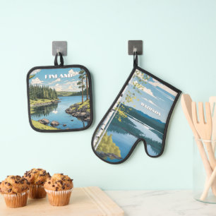 Individuelle Name Finnland - Naturdarstellung Ofenhandschuh & Topflappen-Set