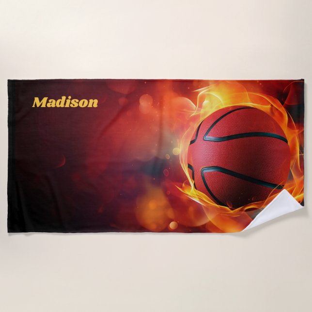 Individuelle Name Flaming Basketball Strandtuch (Vorderseite)