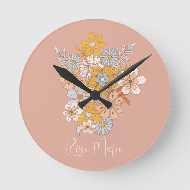 Individuelle Name Floral Boho Kinderzimmer Runde Wanduhr (Vorderseite)