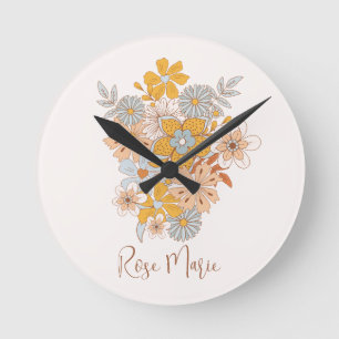 Individuelle Name Floral Boho Kinderzimmer Runde Wanduhr