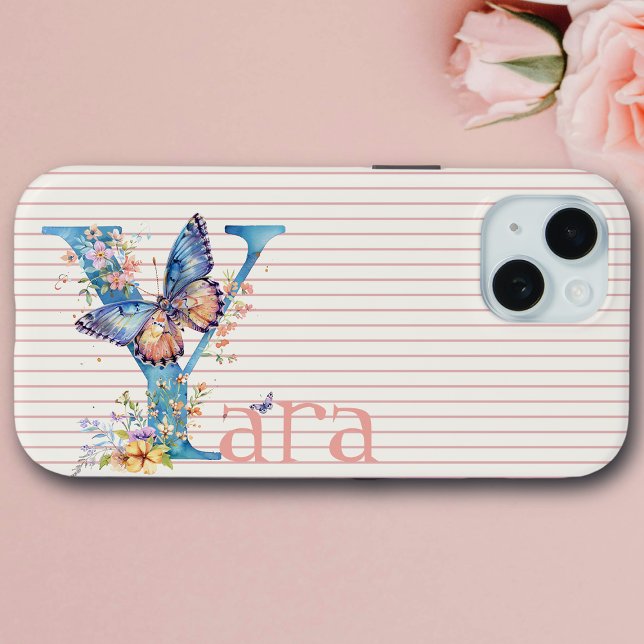 Individuelle Name | Floral Butterfly Initial Blue, Case-Mate iPhone Hülle (Von Creator hochgeladen)