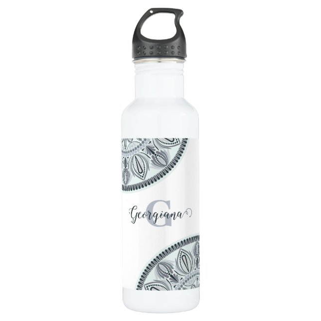 Individuelle Name Floral Harmony Gray Monotone Man Edelstahlflasche (Vorderseite)