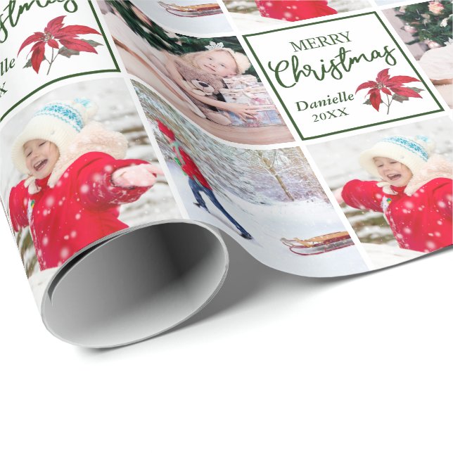 individuelle Name & Foto Collage Poinsettia Weihna Geschenkpapier (Rolleneckpunkt)