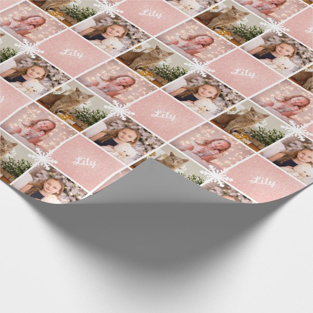 individuelle Name & Foto Collage Rose Gold Glitzer Geschenkpapier (Ecke)