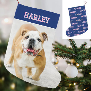 Individuelle Name Foto Retro Typografie Navy Pink Kleiner Weihnachtsstrumpf
