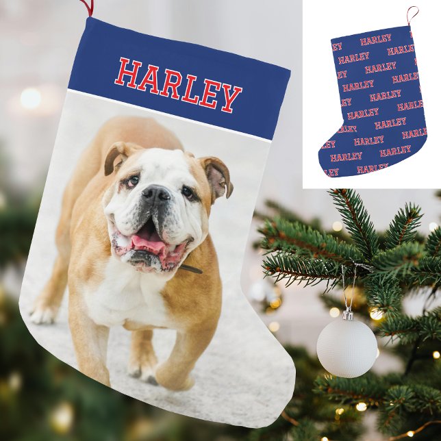 Individuelle Name Foto Retro Typografie Navy Red Kleiner Weihnachtsstrumpf (Von Creator hochgeladen)
