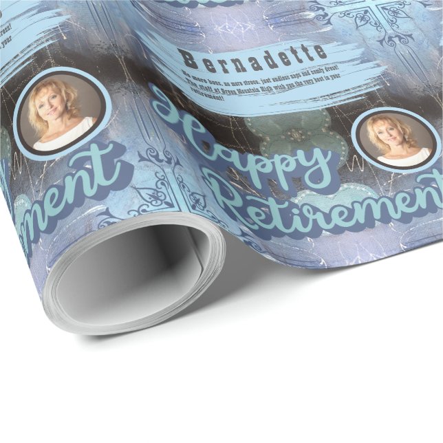 Individuelle Name Foto Textnachricht Blue Retireme Geschenkpapier (Rolleneckpunkt)