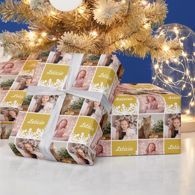 Individuelle Name FotoCollage Gelbe Schneeflocke Geschenkpapier (Feiertage)