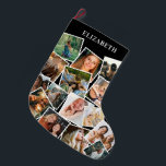 Individuelle Name-FotoCollage Großer Weihnachtsstrumpf<br><div class="desc">Personalisierter WeihnachtsStrumpf mit einem stilvollen schwarzen Hintergrund,  der in jede beliebige Farbe verändert werden kann,  einer 15 Foto Collage,  die Sie durch Ihre eigenen Bilder ersetzen können,  und dem Namen der Personen. Auf der anderen Seite ist ein festliches kariertes Tartanmuster.</div>