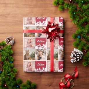 Individuelle Name & Fotolage Rotes Weißes Schneefl Geschenkpapier