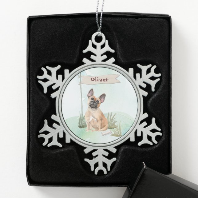 Individuelle Name Französischer Bulldogge Schneeflocken Zinn-Ornament (Box)