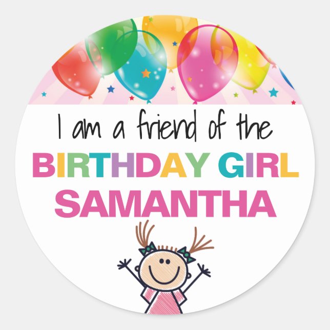 Individuelle Name Friend of Birthday Girl Runder Aufkleber (Vorderseite)