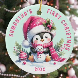 Individuelle Name Fun Pinguin Pink Minze Erste Wei Keramik Ornament