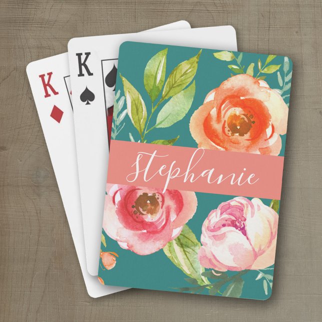 Individuelle Name für farbige Blumenmuster Spielkarten (Personalized playing cards with watercolor flowers and a place for a name)
