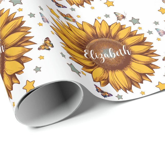 Individuelle Name für Retro-Sonnenblumengeschenk Geschenkpapier (Rolleneckpunkt)