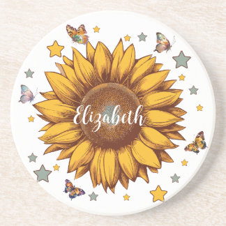 Individuelle Name für Retro-Sonnenblumengeschenk Getränkeuntersetzer