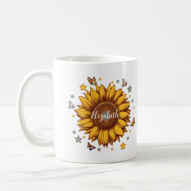 Individuelle Name für Retro-Sonnenblumengeschenk Kaffeetasse (Links)