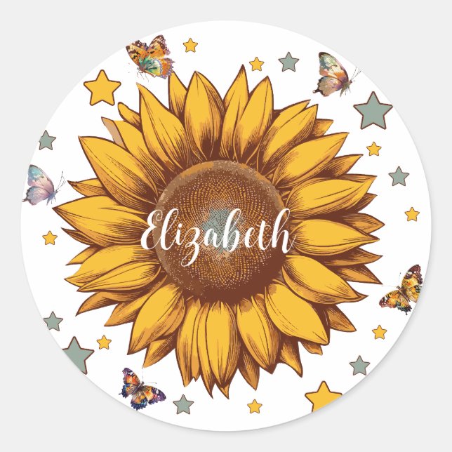 Individuelle Name für Retro-Sonnenblumengeschenk Runder Aufkleber (Vorderseite)