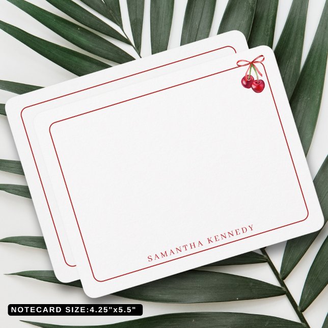 Individuelle Name für Wasserfarben und Kirschen Mitteilungskarte (Watercolor Bow And Cherries Red Border Custom Name Note Card
)