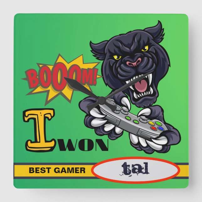 Individuelle Name Gamer Square Wall Clock - Grünes Quadratische Wanduhr (Vorderseite)