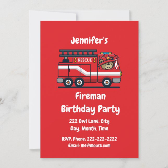 Individuelle Name Geburtstag Feuerwehrauto LKW Par Einladung (Rückseite)