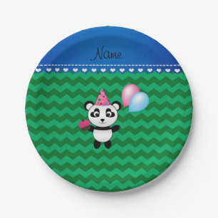 Individuelle Name Geburtstag Panda grünen Chevrone Pappteller