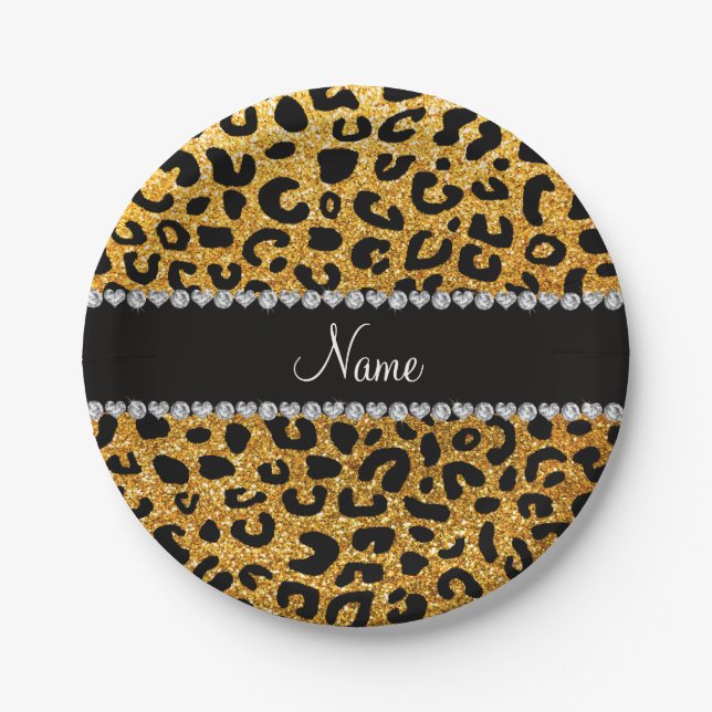 Individuelle Name-Gelb-Glitzer-Cheetah-Druck Pappteller (Vorderseite)