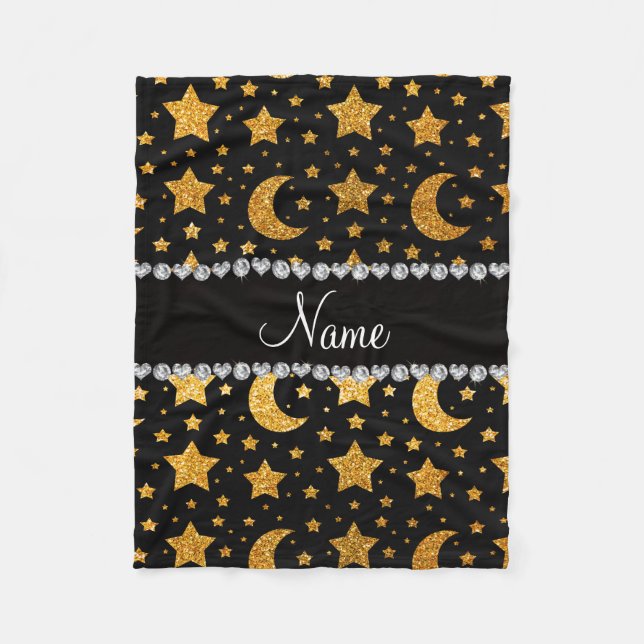 Individuelle Name Gelbe Glitzer Sterne und Mond Fleecedecke (Vorderseite)
